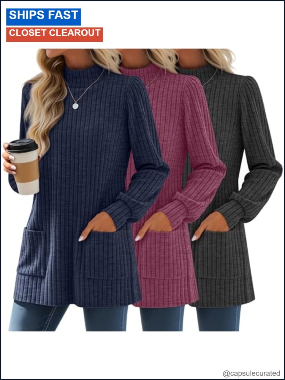 Women's Mock Neck Ribbed Knit Tunic Sweater with Pockets 3 Pack